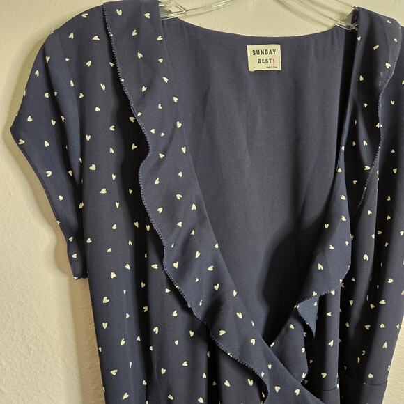 Sunday Best Heart Print Ruffle Mini Wrap Dress Navy Size 4 Date Night Out Brunch - Picture 5 of 11